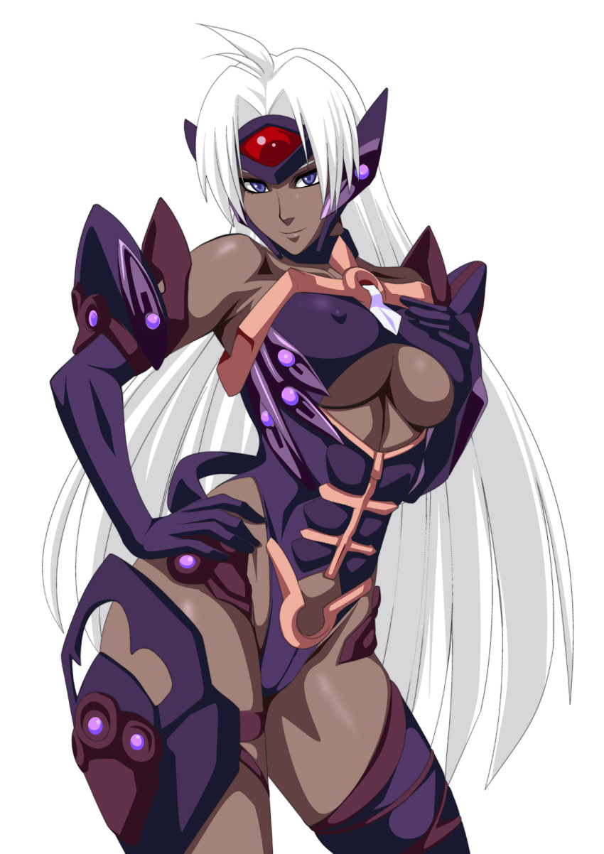 1girl, android, bare_shoulders, blue_eyes, breasts, cleavage, dark_skin, elbow_gloves