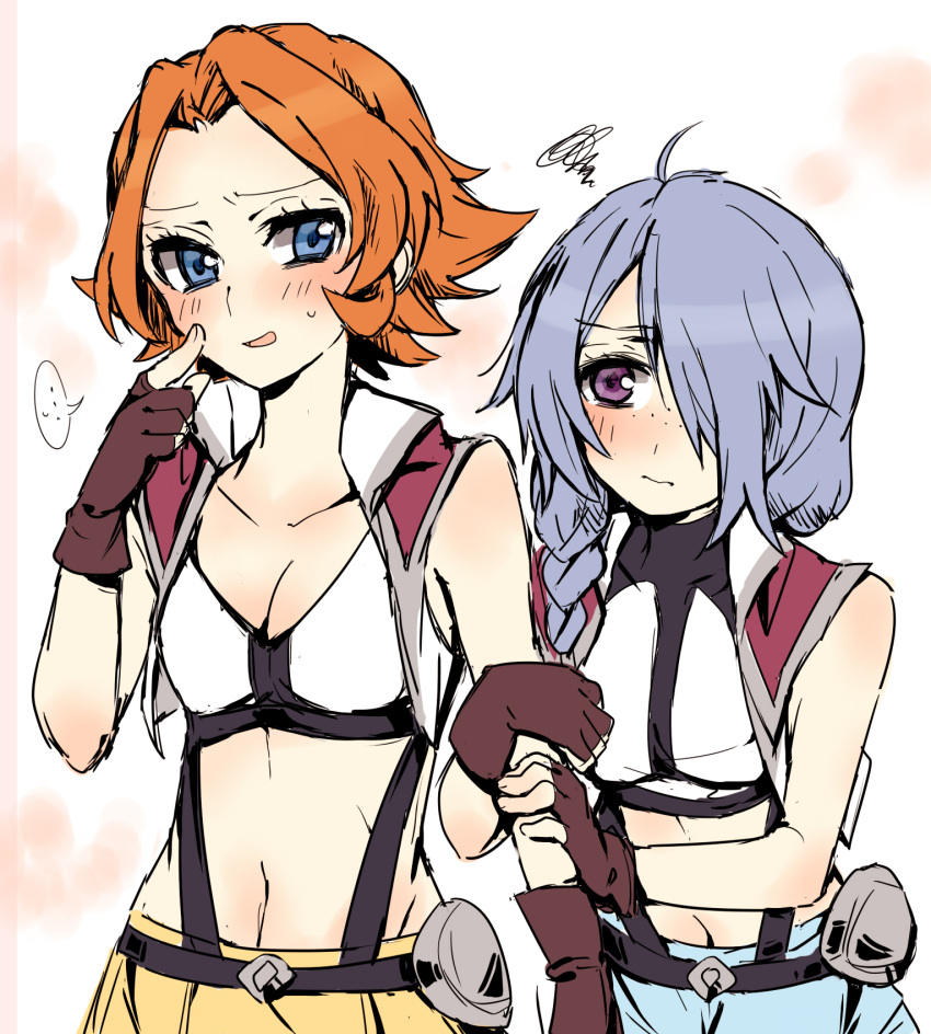 ..., 2girls, arm_grab, bare_shoulders, blue_eyes, blush, braid, breasts