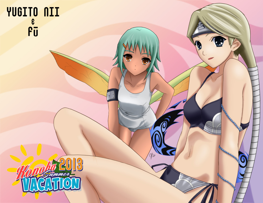 10s, 2013, 2girls, absurdres, bent_over, bikini, blonde_hair, blue_eyes