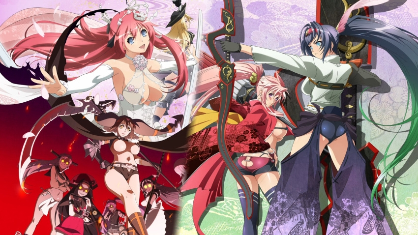 6+girls, ass, back, blonde_hair, blue_eyes, bow, breasts, character_request