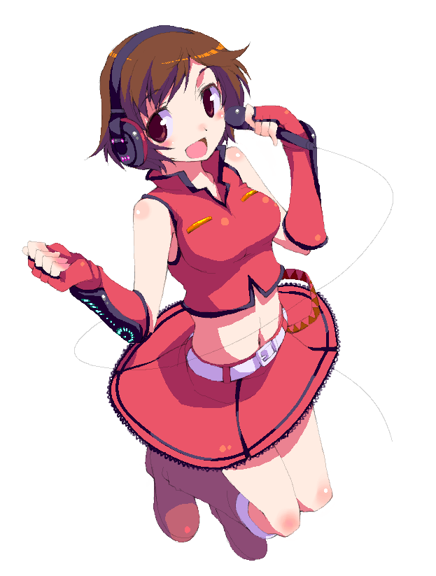 atsumuchi, brown_hair, chin_(pixiv), cute, headphones, hisakawa_chin, meiko, microphone, midriff, navel, sakine_meiko, short_hair, solo, vocaloid