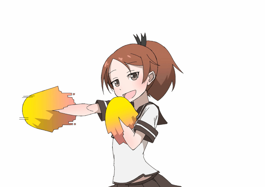 1girl, animated, animated_gif, arm_up, black_ribbon, brown_eyes, brown_hair, cheering, dancing, kantai_collection, looking_at_viewer, midriff, navel, onio, open_mouth, plaid, plaid_skirt, pom_poms, ponytail, ribbon, school_uniform, serafuku, shikinami_(kantai_collection), short_hair, short_sleeves, simple_background, skirt, smile, solo, upper_body, white_background