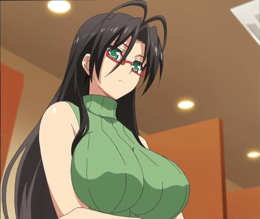 1girl, breasts, brown_hair, glasses, green_eyes, hasegawa_chisato, large_breasts, long_hair