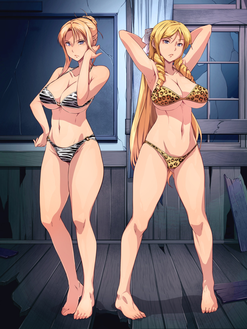 00s, 2girls, adjusting_hair, armpits, arms_up, bangs, barefoot, bikini