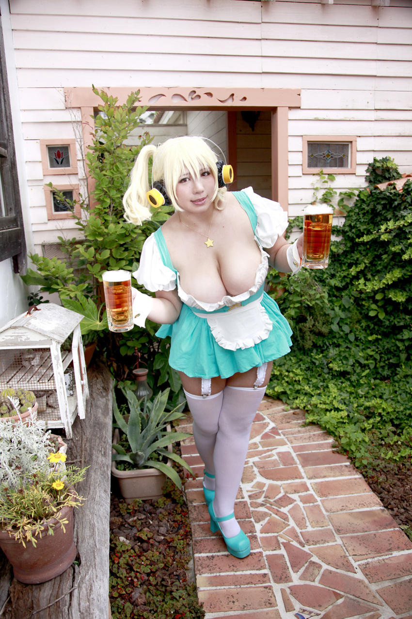 1girl, asian, blonde_hair, breasts, brown_eyes, chouzuki_maryou, cleavage, cosplay