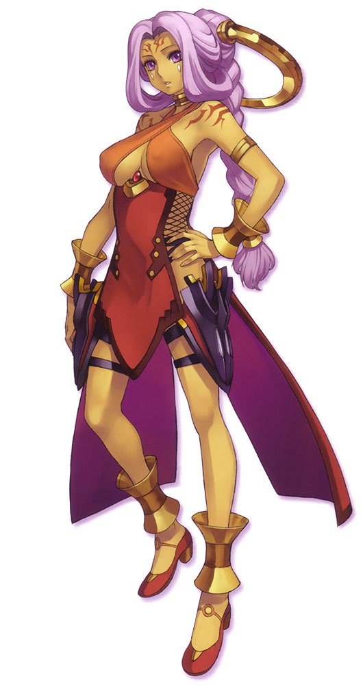 1girl, amarie_jerhad, ar_tonelico, dark_skin, high_heels, official_art, purple_hair, tattoo