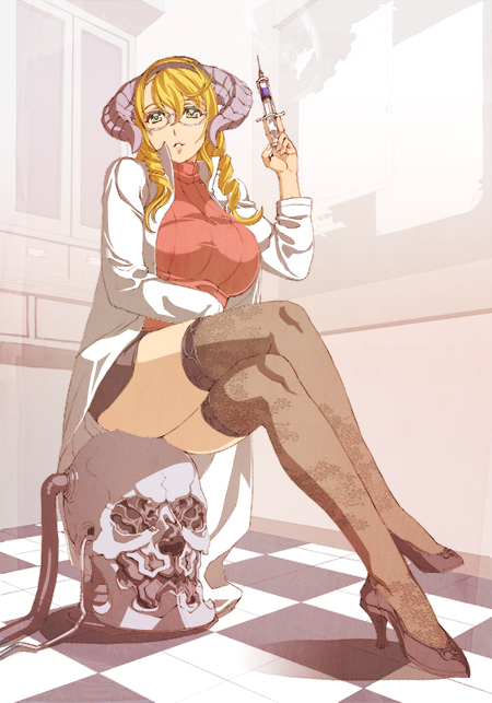 1girl, artist_request, blonde_hair, breasts, glasses, high_heels, horns, indoors