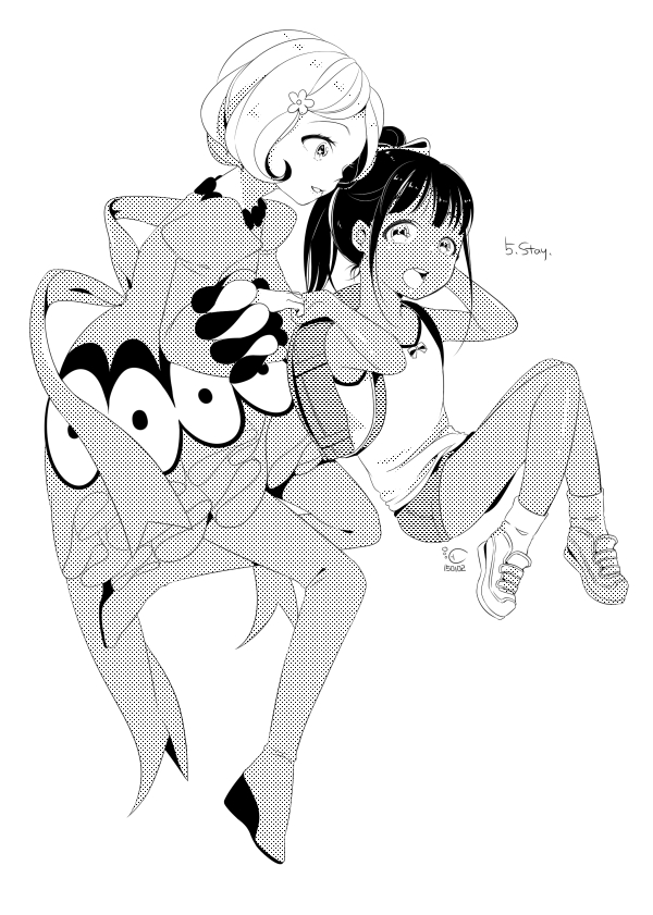 2girls, anai_miu, arami_o_8, bag, boots, dark_skin, dress, light_persona