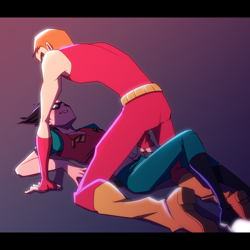 2boys, black_hair, blush, bodysuit, cape, dc_comics, dick_grayson, fingerless_gloves