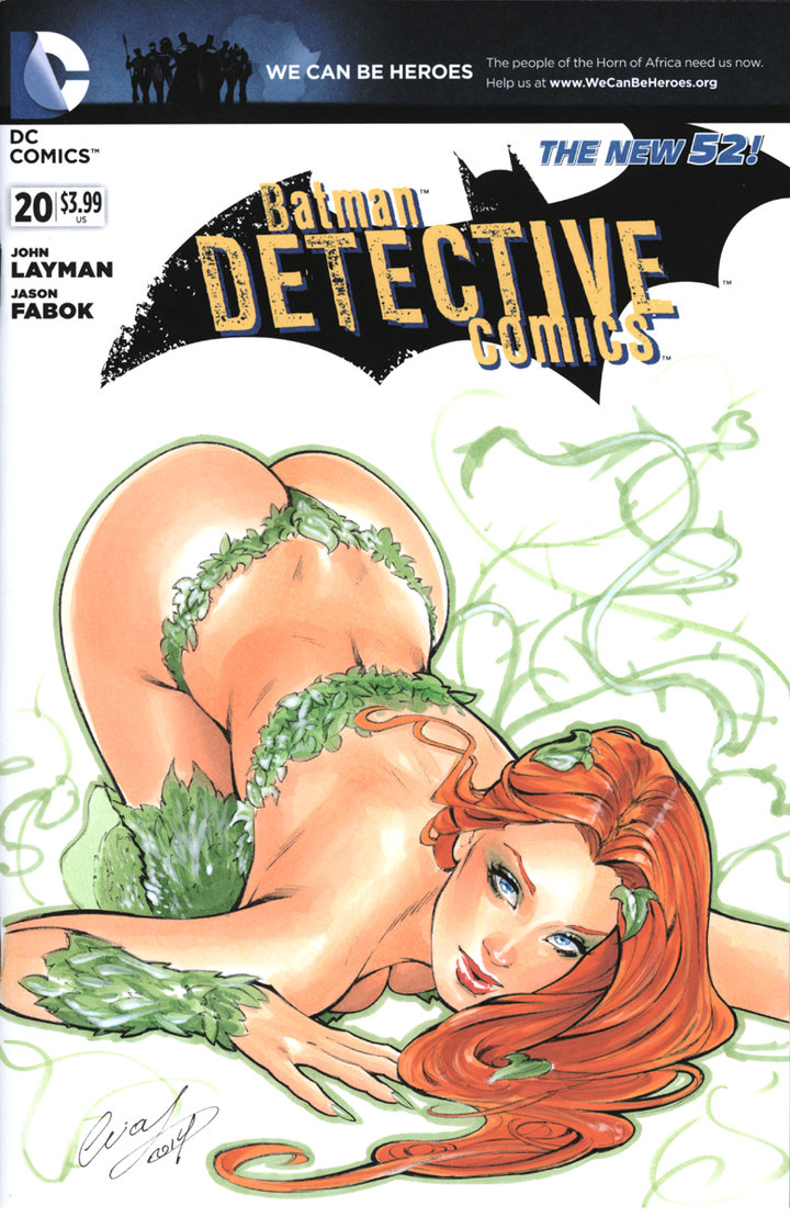 1girl, ass, batman_(series), blue_eyes, breasts, dc_comics, elias_chatzoudis, eyeshadow, green_eyeshadow, green_nails, lips, plant, poison_ivy, redhead, solo, text, top-down_bottom-up, wearing_plant