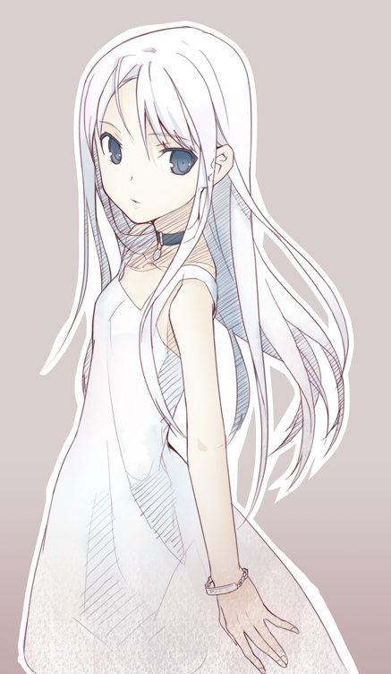 choker, cing, dress, h2so4, hotel_dusk, jewelry, long_hair, mila_(wish_room), mila_evans, necklace, simple_background, white_hair, wish_room