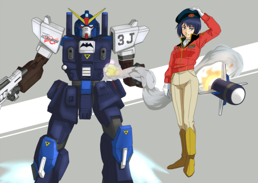 1girl, beret, blue_destiny_03, blue_eyes, blue_hair, boots, christina_mackenzie, christina_mackenzie_(cosplay)