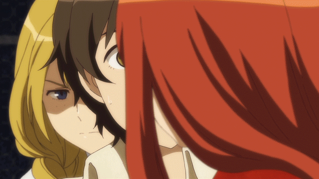 1boy, 2girls, angry, animated, animated_gif, blonde_hair, blue_eyes, braid