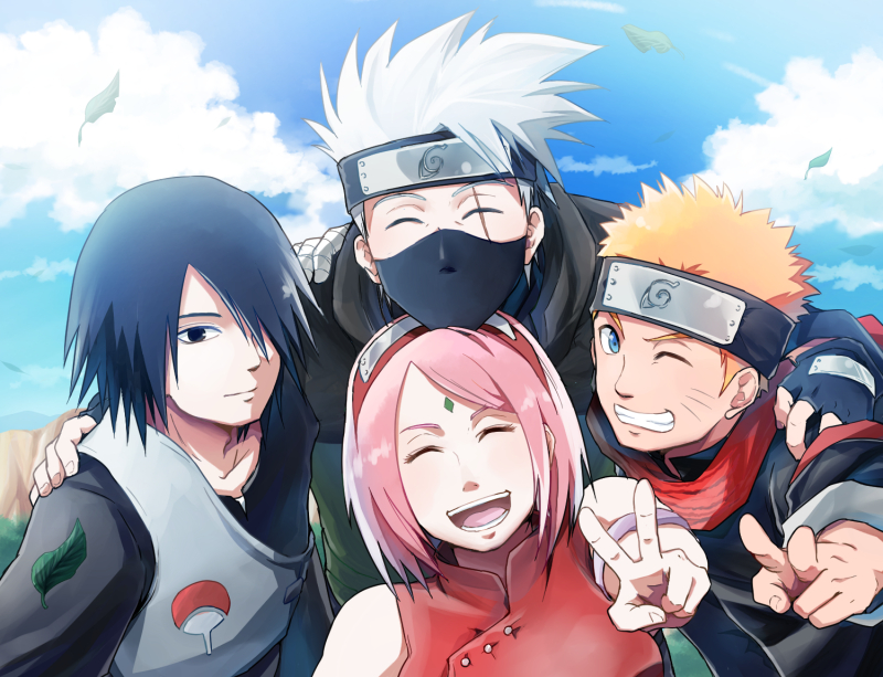 1girl, 3boys, crest, facial_mark, family_crest, forehead_mark, hair_over_one_eye, half_mask