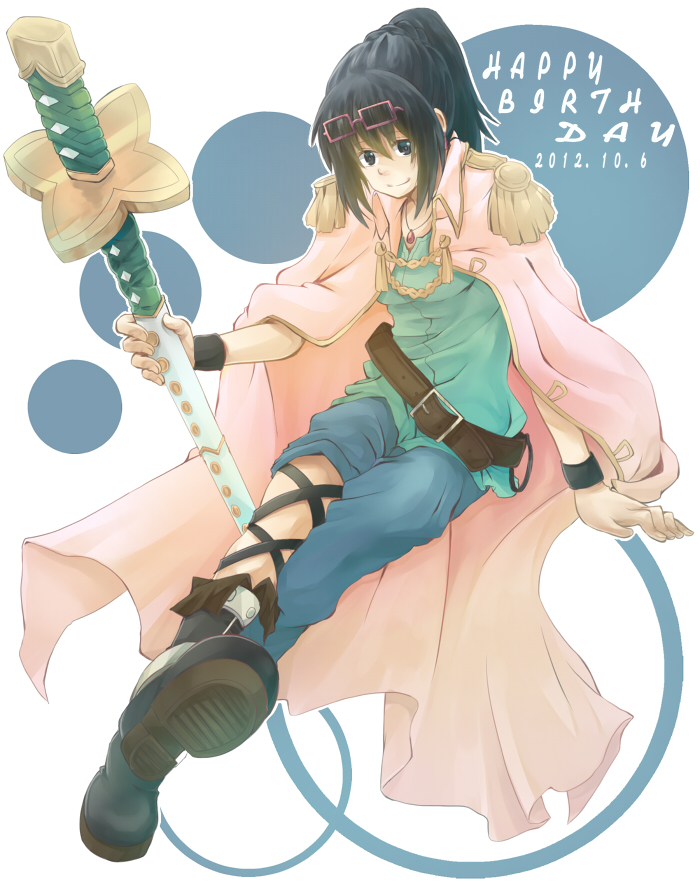 1girl, belt, black_hair, boots, clasp, epaulettes, glasses, glasses_on_head
