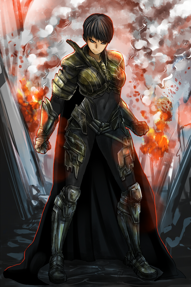 1girl, alien, armor, black_hair, clenched_hand, dc_comics, dccu, faora_hu-ul, gauntlets, kryptonian, man_of_steel, pixie_cut, short_hair, standing, superman_(series)