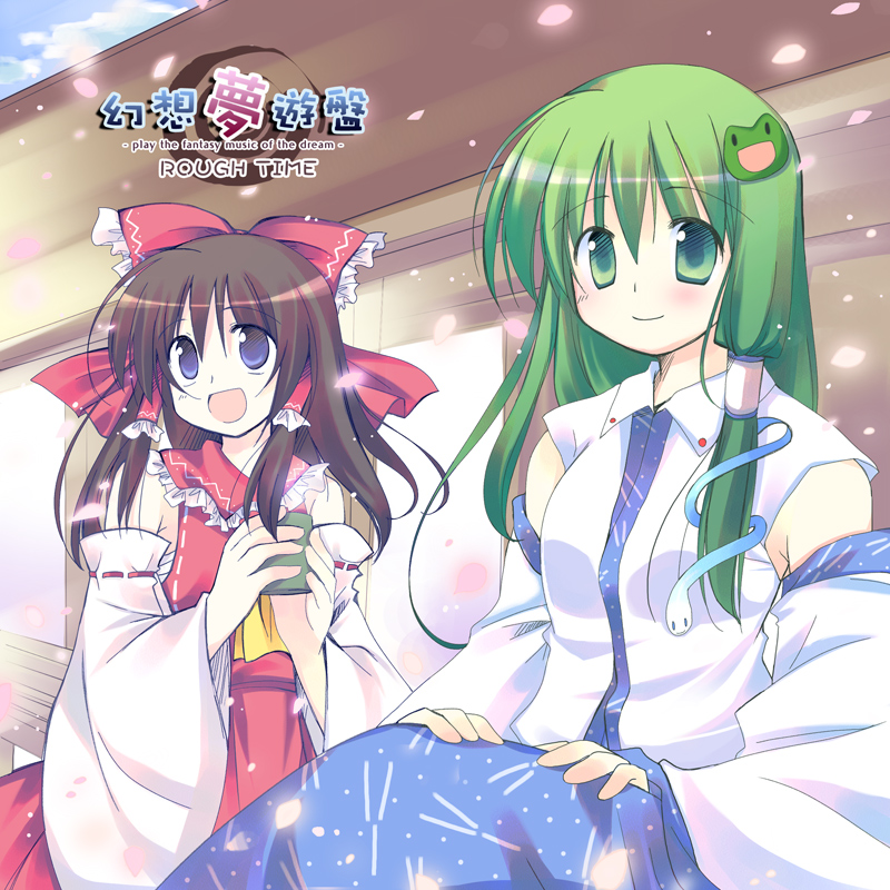 2girls, ascot, blue_eyes, brown_hair, cherry_blossoms, cup, detached_sleeves, frog_hair_ornament