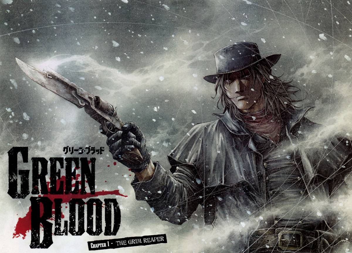 black_hair, brad_burns, coat, cowboy, green_blood, gun, gunblade, handgun