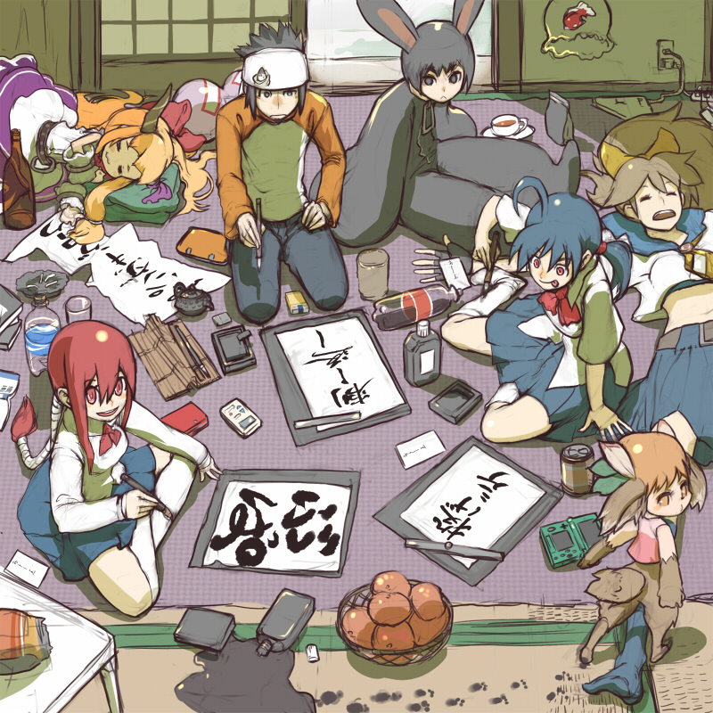 2boys, 5girls, asakura_teppei, blue_hair, blue_skirt, bow, bowtie, closed_eyes, etomo_shuko, ferryl, fish, food, fruit, hair_bow, ibuki_suika, kanzaki_yun, long_hair, m.u.g.e.n, mugen_ryuko, multiple_boys, multiple_girls, pleated_skirt, ponytail, rabbit_(m.u.g.e.n), redhead, school_uniform, serafuku, skirt, tetuhei, text, touhou, translation_request, very_long_hair