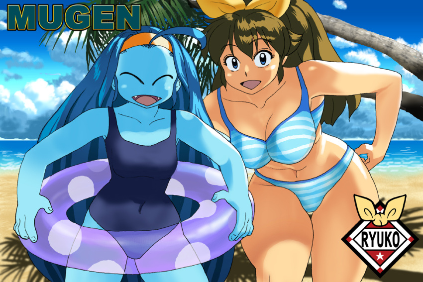 2girls, beach, bikini, blue_bikini, blue_eyes, blue_hair, blue_skin, blue_swimsuit, breasts, brown_hair, innertube, large_breasts, long_hair, m.u.g.e.n, midriff, mugen_ryuko, multiple_girls, navel, oggy_(oggyoggy), original, ponytail, school_uniform, striped, striped_bikini, striped_swimsuit, swimsuit, tagme, ursula_(oggy), water