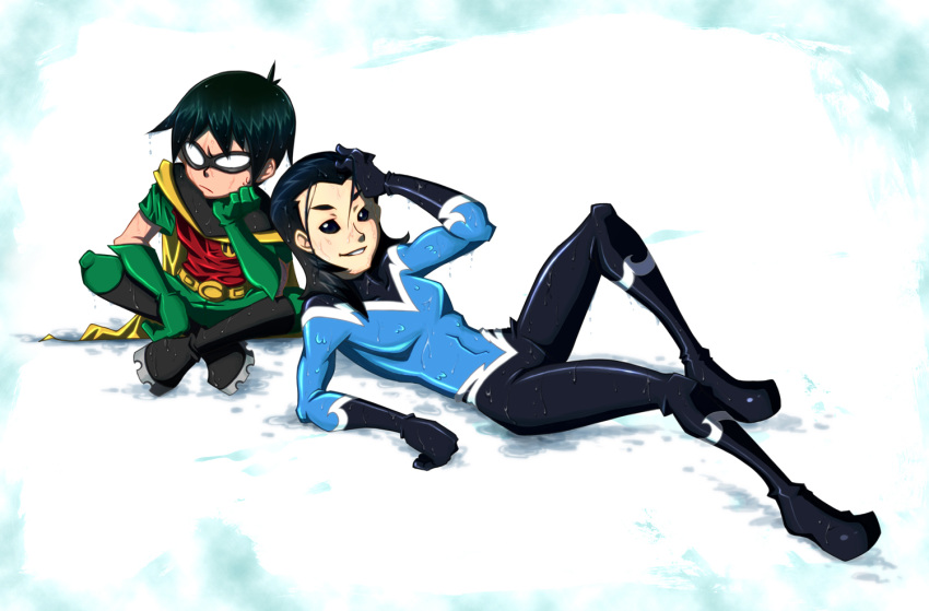 2boys, aqua_lad, black_hair, bodysuit, boots, cape, chin_rest, dc_comics