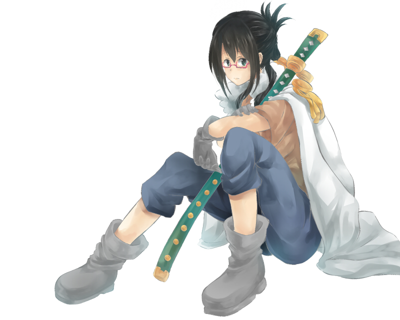 1girl, glasses, gloves, hair_bun, jacket_on_shoulders, marine, one_piece, shigure_(one_piece), sitting, sword, tashigi