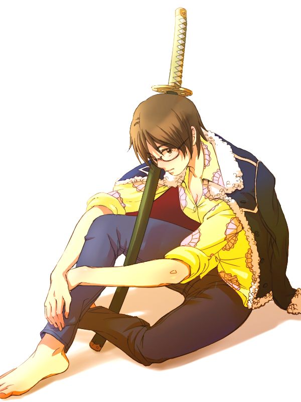 1girl, barefoot, black_hair, glasses, jacket_on_shoulders, looking_at_viewer, marine, one_piece
