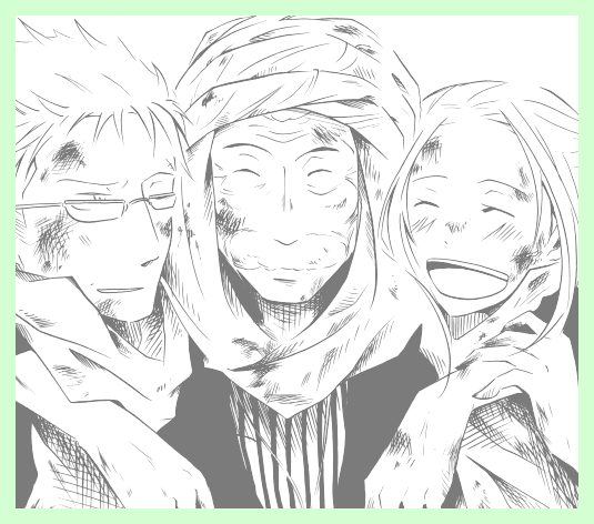 1girl, 2boys, alabasta, facial_hair, father_and_son, glasses, kohza, monochrome, multiple_boys, mustache, nefertari_vivi, one_piece, princess, scar, smile, toto_(one_piece), turban