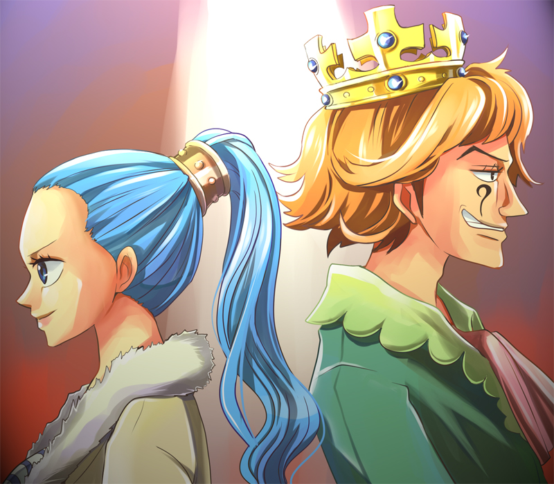 1boy, 1girl, back-to-back, baroque_works, blonde_hair, crown, mister_nine, nefertari_vivi