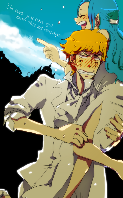 1boy, 1girl, baroque_works, blonde_hair, blue_hair, carrying, dress, laughing