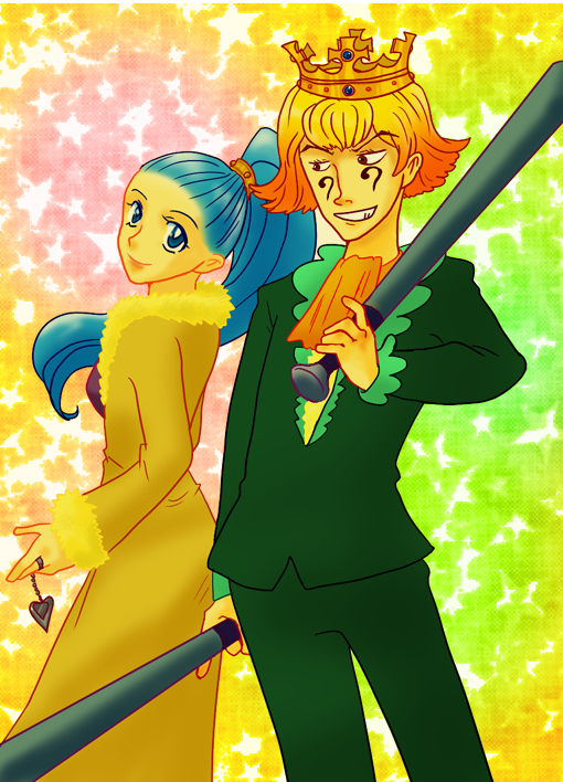 1boy, 1girl, baroque_works, baseball_bat, blonde_hair, blue_hair, crown, dual_wielding