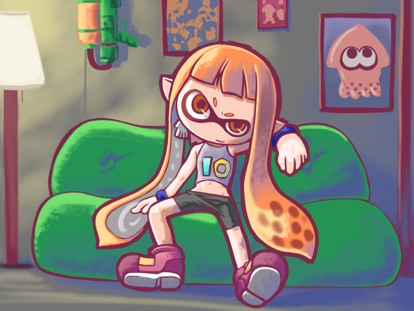 1girl, couch, domino_mask, female, green_upholstery, inkling, long_hair, mask