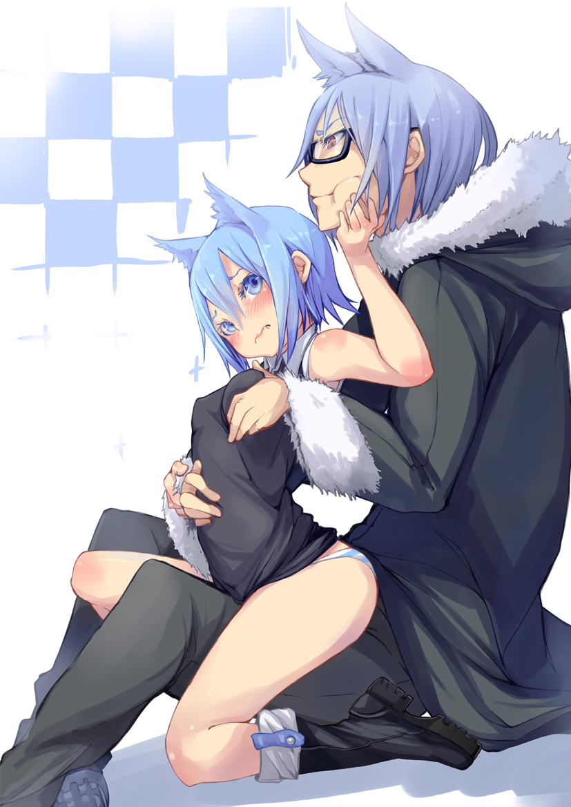 1boy, 1girl, 3:, animal_ears, arched_back, bare_shoulders, blue_eyes, blue_hair, blush, boots, breast_grab, coat, colored_eyelashes, dog_ears, dress, dress_lift, fang, fang_out, from_side, fu-ta, fur_trim, glasses, grabbing, grabbing_from_behind, hiizumi_enjin, looking_up, nanami_ao, nanami_gin, panties, pushing_away, semi-rimless_glasses, short_hair, striped, striped_panties, under-rim_glasses, underwear, yozakura_quartet