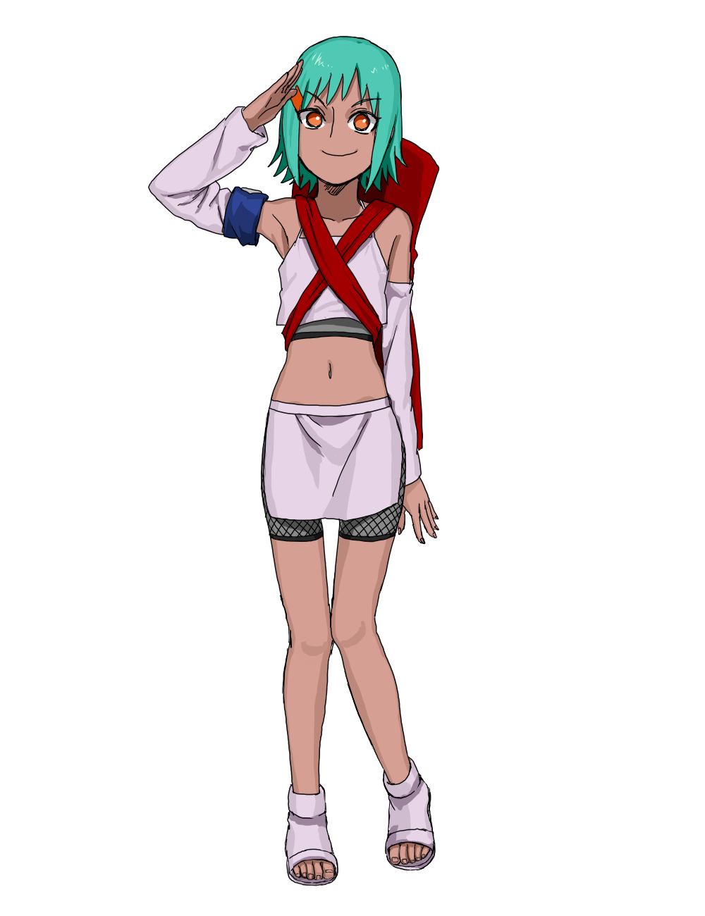 1girl, backpack, bag, detached_sleeves, fishnets, fuu_(naruto), green_hair, hair_ornament