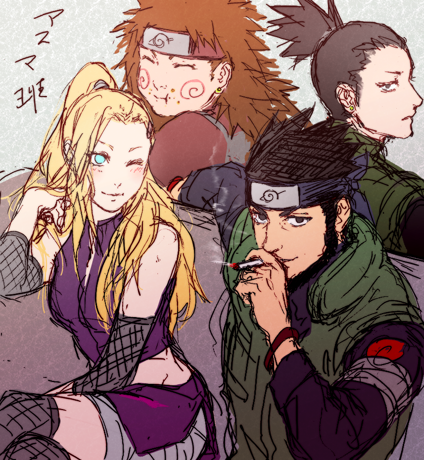 1girl, 3boys, akimichi_chouji, black_hair, blonde_hair, blue_eyes, brown_hair, cigarette, earrings, eating, facial_mark, fishnets, flak_jacket, forehead_protector, headband, jewelry, long_hair, looking_at_viewer, multiple_boys, nara_shikamaru, naruto, naruto_shippuuden, no_pupils, ponytail, sarutobi_asuma, sitting, sketch, smoke, smoking, tinami_(murasaki1783), wink, yamanaka_ino
