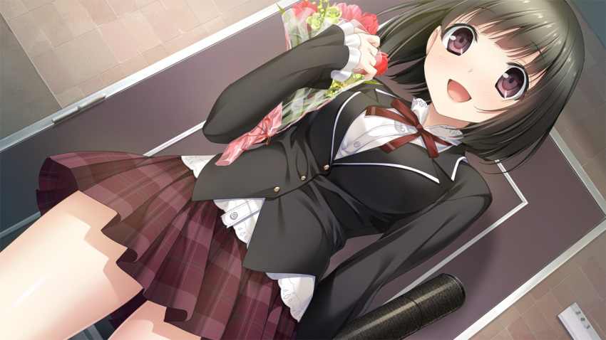 1girl, black_hair, blush, bouquet, breasts, door, flower, game_cg