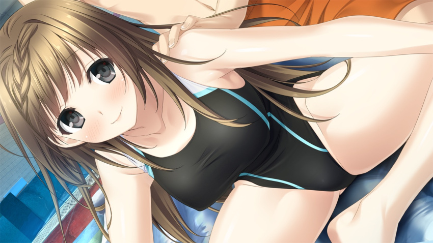 1girl, barefoot, black_eyes, blush, braid, breasts, brown_hair, collarbone