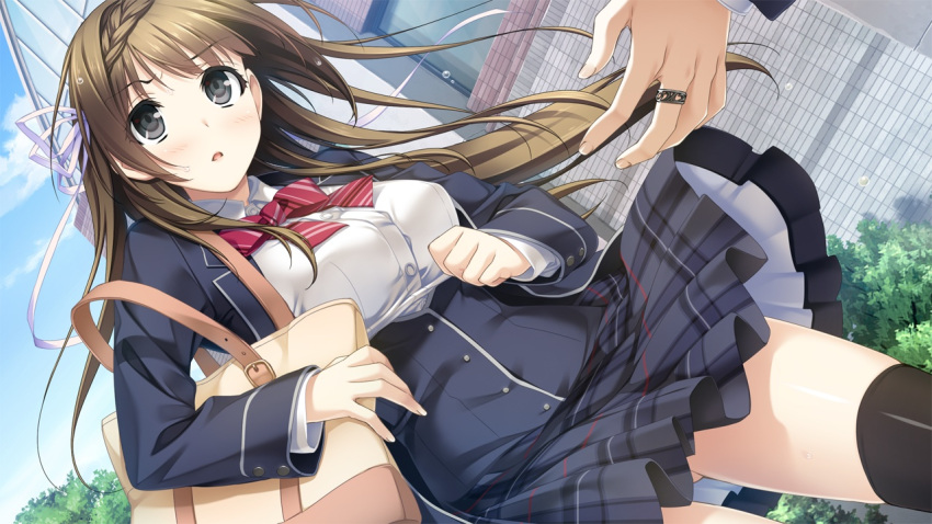 1girl, bag, black_eyes, black_legwear, blush, bow, bowtie, breasts
