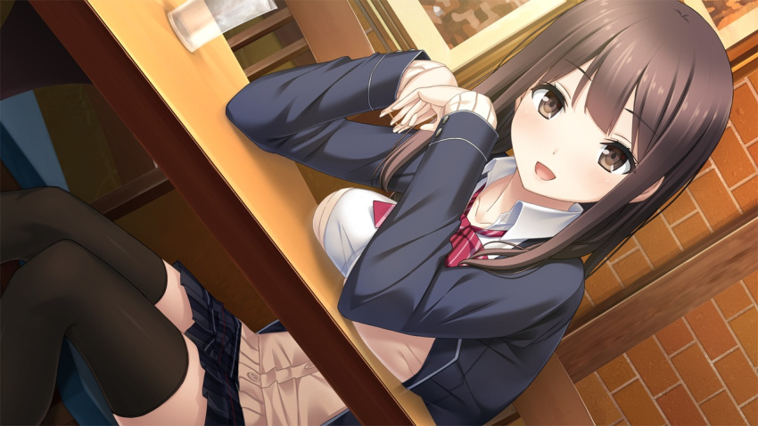 1girl, black_legwear, blush, bow, bowtie, breast_rest, breasts, brown_eyes