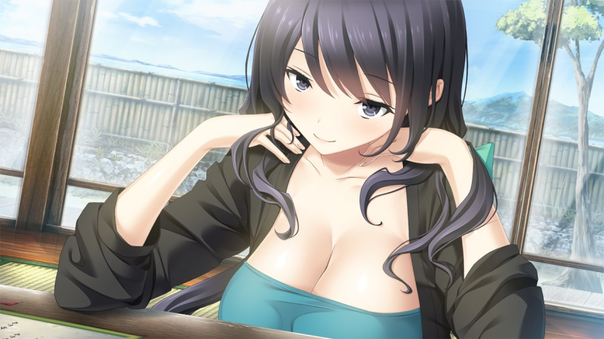 1girl, adjusting_hair, black_eyes, black_hair, breasts, cleavage, clouds, collarbone, game_cg, haru_kiss, hyoudou_amane, large_breasts, long_hair, looking_at_viewer, mikoto_akemi, mountain, sitting, sky, smile, solo, table, tree, water, window