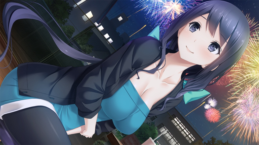 1girl, black_eyes, black_hair, blush, breasts, cleavage, collarbone, fence