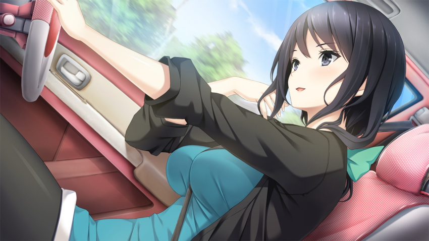 1girl, black_eyes, black_hair, blush, breasts, car, car_interior, clouds, driving, game_cg, ground_vehicle, haru_kiss, hyoudou_amane, large_breasts, legs, long_hair, looking_away, mikoto_akemi, motor_vehicle, open_mouth, seatbelt, sitting, sky, smile, thighs, wheel, window