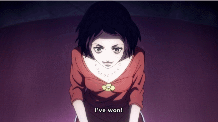 1boy, 2girls, animated, animated_gif, bangs, black_hair, blue_eyes, blunt_bangs, chiyuki_(death_parade), death_parade, decim_(death_parade), dress, formal, hair_over_one_eye, kurokami_no_onna, long_hair, lowres, multicolored_hair, multiple_girls, short_hair, subtitled, two-tone_hair, white_hair