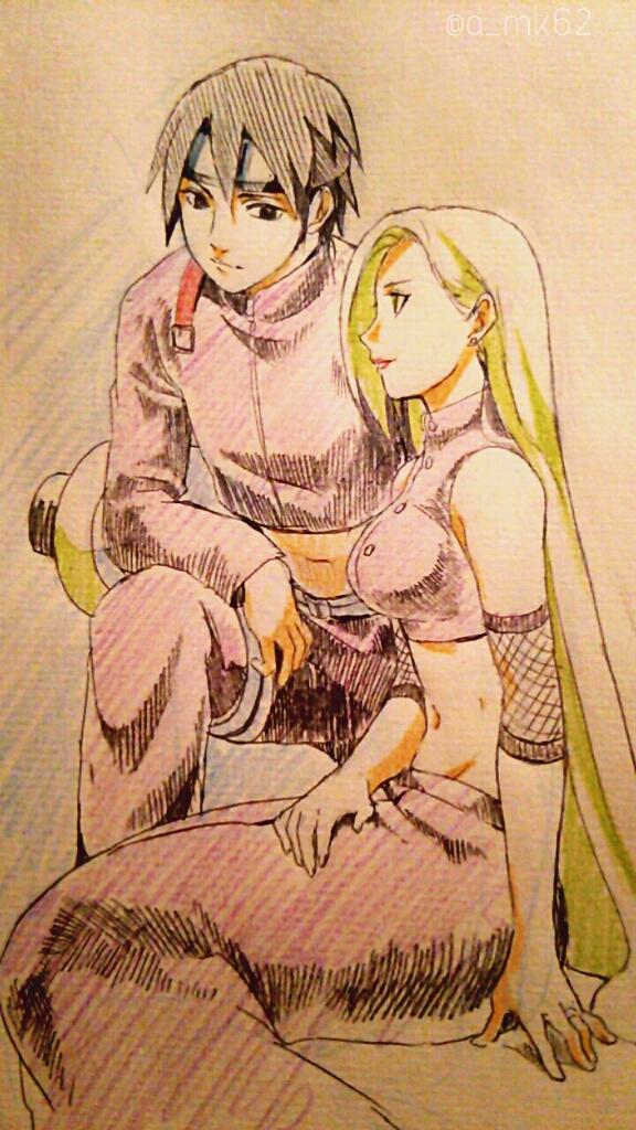 1boy, 1girl, amiko, blonde_hair, couple, forehead_protector, long_hair, midriff
