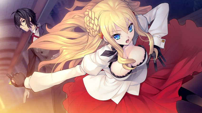 1girl, adelheid_ritter_von_weinberger, black_hair, blonde_hair, blue_eyes, breasts, cleavage, double_bun