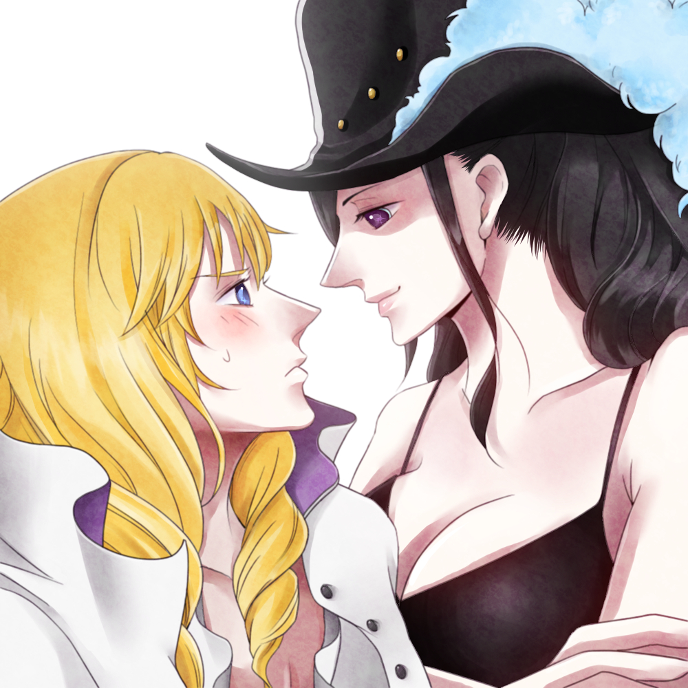 1boy, 1girl, black_dress, black_hair, blonde_hair, blue_eyes, blush, breasts, cavendish, cleavage, dress, eye_contact, hat, long_hair, looking_at_another, nico_robin, one_piece, plume, smile, violet_eyes, yucchan_wakayuri