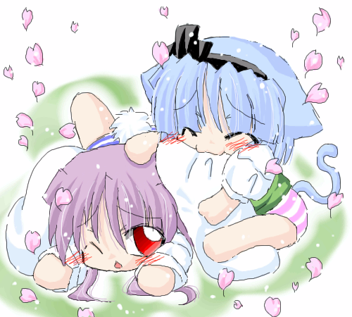 animal_ears, barefoot, blue_hair, blush, bottomless, rabbit_ears, cat_ears, cat_tail