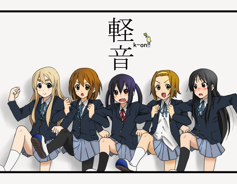 5girls, akiyama_mio, bird, black_hair, blonde_hair, blue_eyes, blush, brown_eyes, brown_hair, buttons, clenched_hands, clover, crossover, eyebrows, female, four-leaf_clover, gardeneel, hirasawa_yui, hobunsha, hyadain_no_joujou_yuujou, k-on!, kadokawa_shoten, kotobuki_tsumugi, kyoto_animation, leg_lift, locked_arms, long_hair, multiple_girls, nakano_azusa, nichijou, open_mouth, pantyhose, parody, ribbon, school_uniform, shoes, short_hair, simple_background, skirt, smile, studio_connection, tainaka_ritsu, text, thick_eyebrows, white_background, yellow_eyes