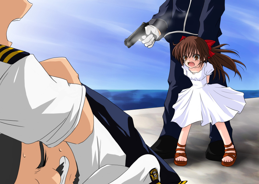 00s, arms_behind_back, ayumarine_707r, brown_eyes, brown_hair, dress, gun, hair_ribbon