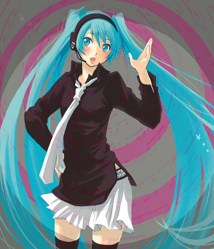 blue_eyes, blue_hair, hand_on_hip, hatsune_miku, headset, isshoku, isshoku_(shiki), long_hair
